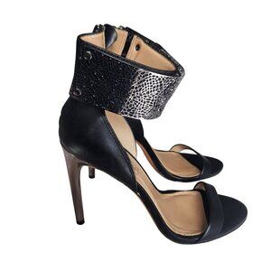 BCBG Maxazria Leather Stiletto Sandals With Cuff Ankle Strap Black Silver Size 9